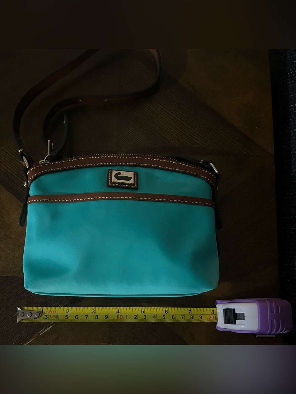 Dooney & Bourke Teal Nylon Domed Wayfarer Crossbody Bag with Brown Leather Trim - Picture 9 of 10